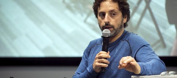 Google co-founder Sergey Brin takes questions from the media following presentations at a media preview of Google's prototype autonomous vehicles in Moutain View, California