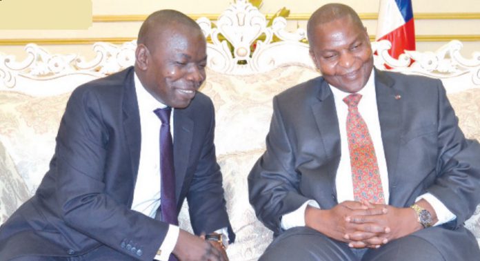 Jean Piere Amougou Belinga (PDG Groupe l'Anecdote) et Faustin Archange Touadera (Président de la RCA). Photo, L'Anecdote