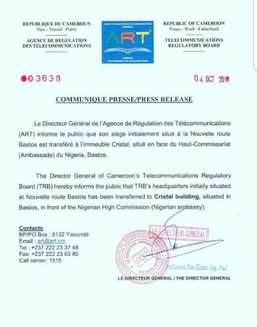 Cameroun le siège de l'ART transféré à Bastos