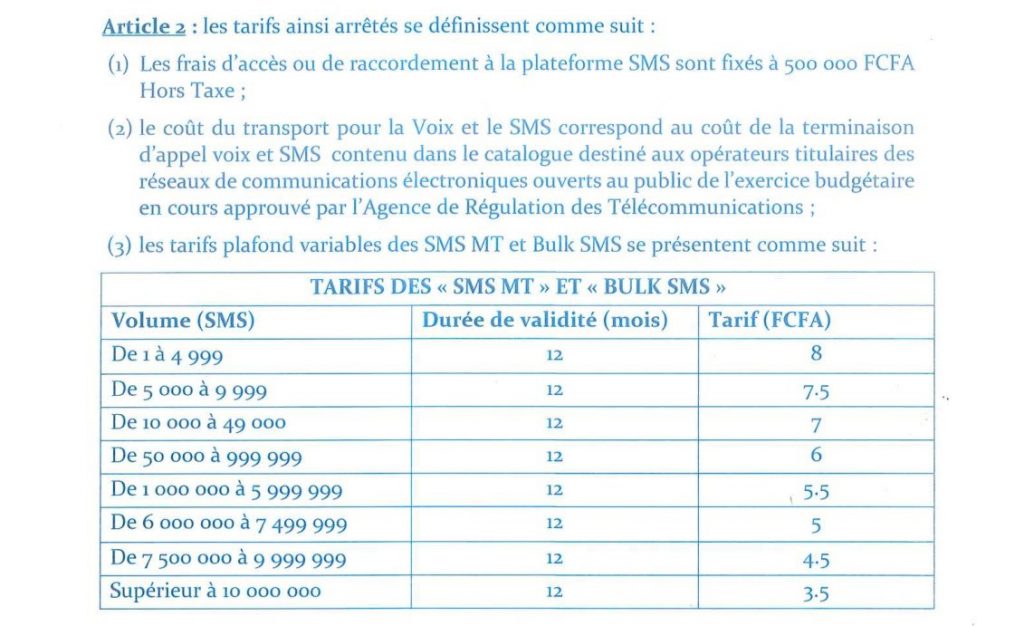 tarifs sms