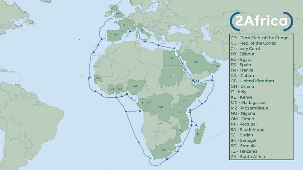 China Mobile, MTN, Orange, Vodafone, TELECOM Egypt et Facebook lancent 2Africa, un vaste projet de câble sous-marin à fibre optique de 37 000 km reliant le Moyent-Orient et l'Afrique