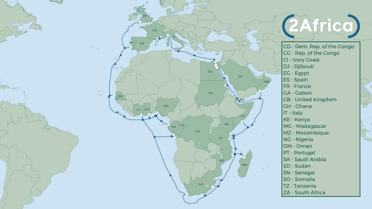 China Mobile, MTN, Orange, Vodafone, TELECOM Egypt et Facebook lancent 2Africa, un vaste projet de câble sous-marin à fibre optique de 37 000 km reliant le Moyent-Orient et l'Afrique