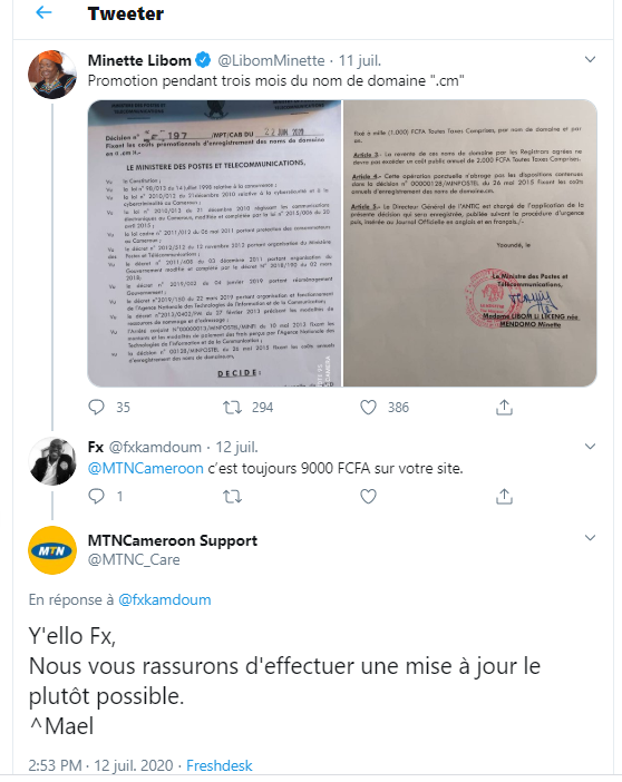 MTN réponse .CM