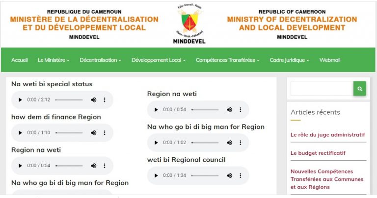 Cameroun : Des contenus en pidgin sur le site web du ministère de la Décentralisation pour mieux expliquer le rôle des régions