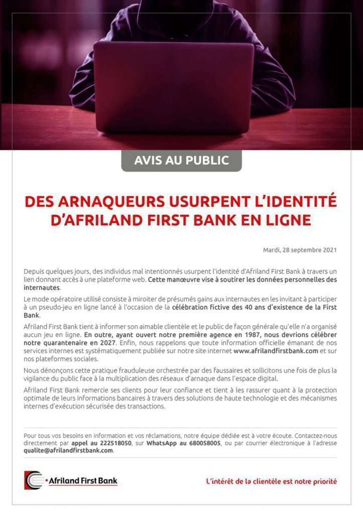 Cybercriminalité / Phishing  : Afriland First Bank met en garde sa clientèle face aux arnaques en ligne