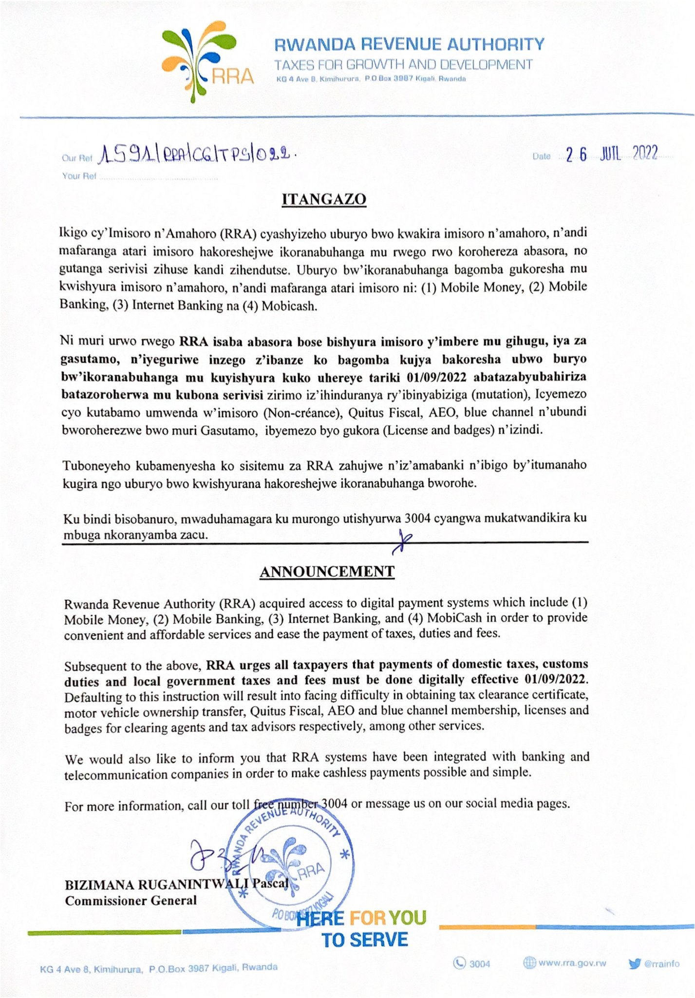 Rwanda : le paiement des impôts, des droits de douane et redevances des collectivités se fera par Mobile money dès le 01er septembre 2022