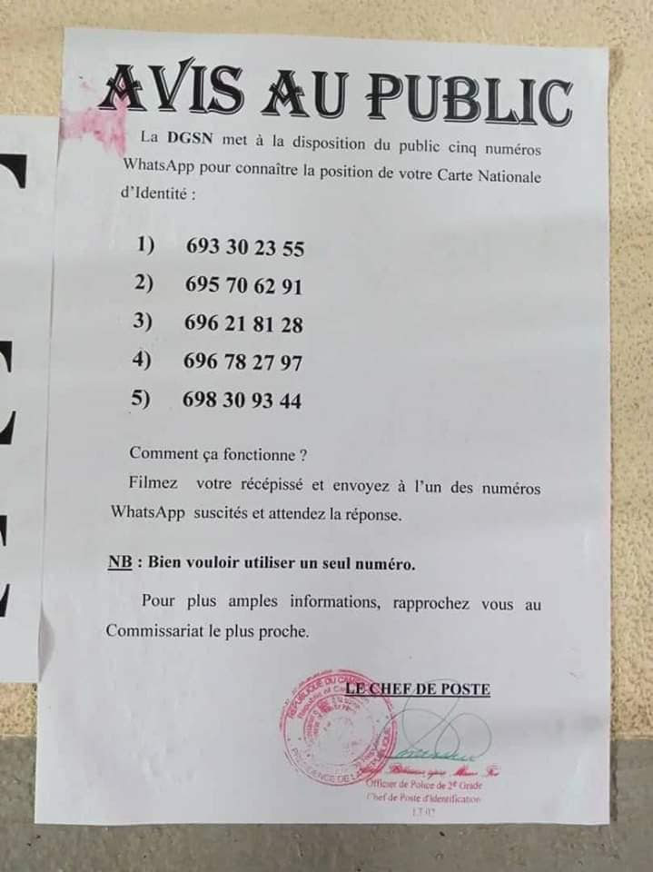 CNI au Cameroun : Voici les nouveaux numéros WhatsApp et le site web pour vérifier la disponibilité de sa carte nationale d’identité