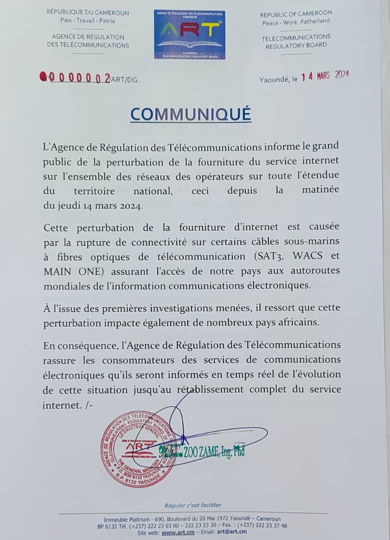 Perturbations de l'Internet au Cameroun : Les explications du Pr Philémon Zoo Zame, DG de l'ART