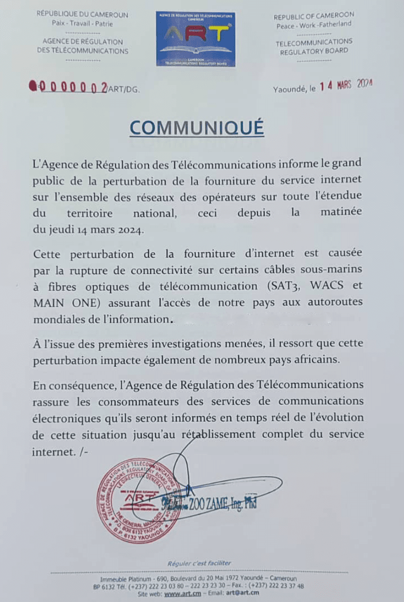 Perturbations de l'Internet au Cameroun : Les explications du Pr Philémon Zoo Zame, DG de l'ART