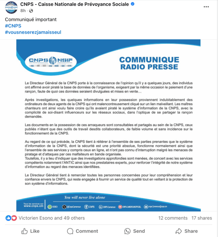 Cameroun : la CNPS reconnaît que ses données piratées sont sur le darkweb, mais sans incidence sur ses services